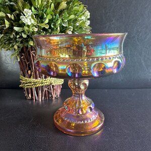 MCM "Kings Crown" Iridescent Amber Carnival Glass Compote Thumbprint  1960's USA